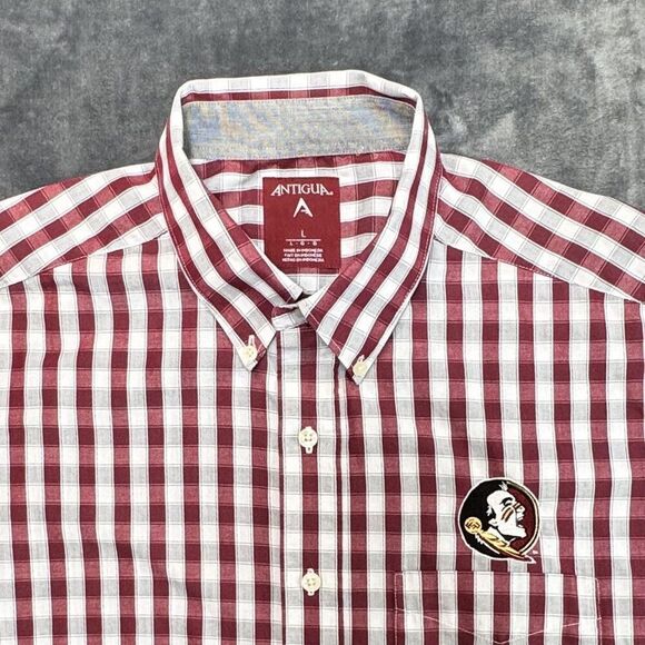 Florida State Seminoles Sz L Shirt Mens Red Check Button Up Long Sleeve Antigua - Picture 2 of 15